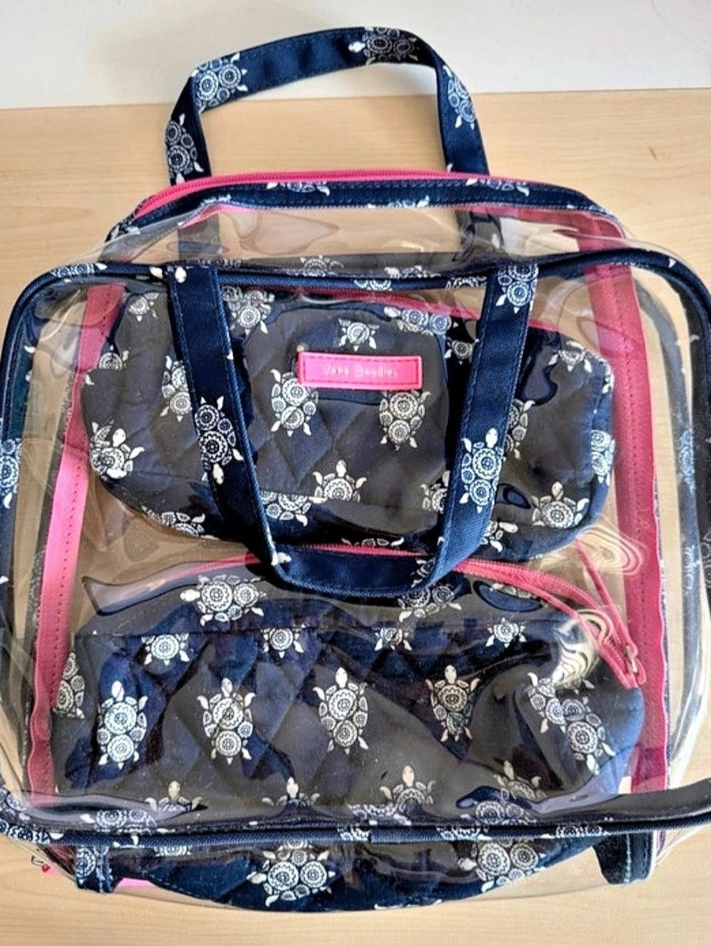 Vera Bradley Turtle Print Clear Cosmetic Bag Set Blue & Pink